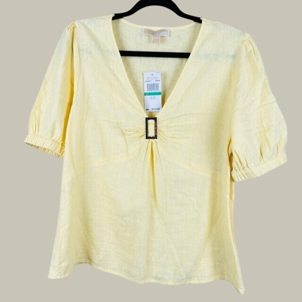 NWT Michael Kors Blouse Sunbeam Yellow Linen Blend Puff Sleeve Women Large